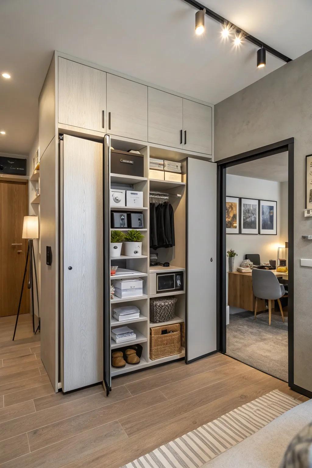 Multipurpose doors cleverly integrate storage, optimizing space in this studio apartment.