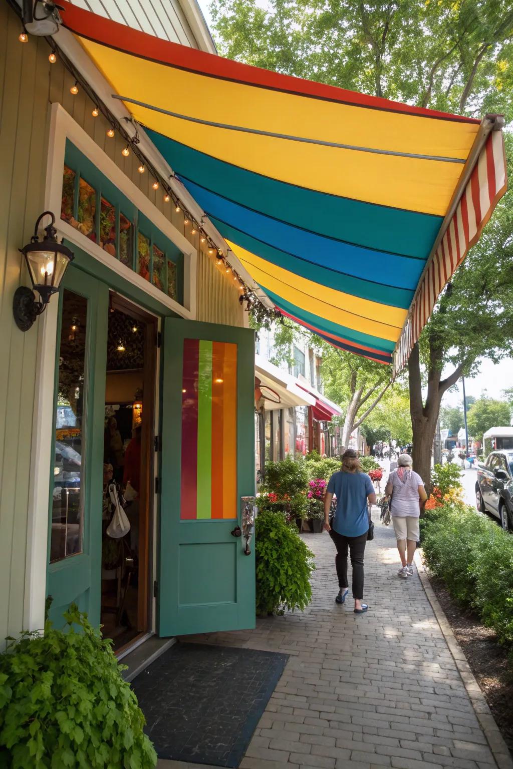 A vibrant fabric roof over a lively front door.