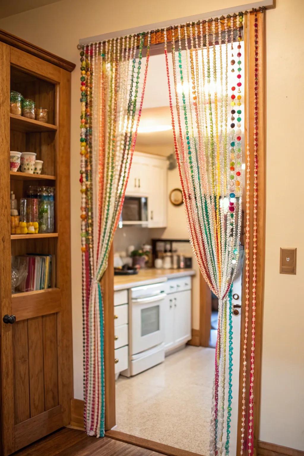 Seeded drapes include a nostalgic, playful charm to doorways.