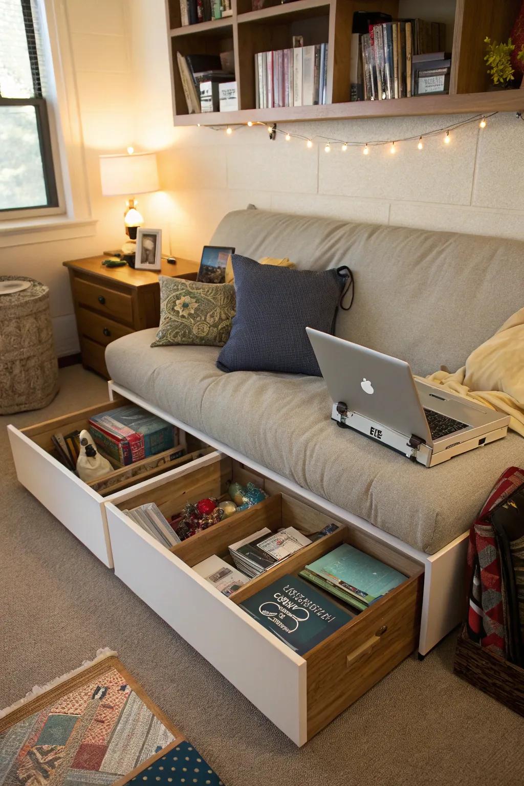 The hidden storage in this couch helps to keep the dorm tidy.