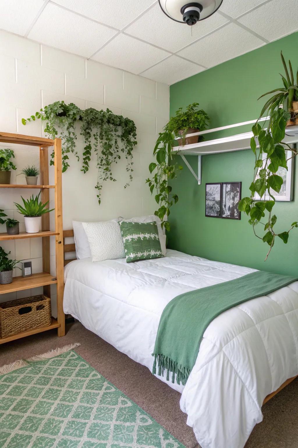 Green and white create a fresh and vibrant environment.