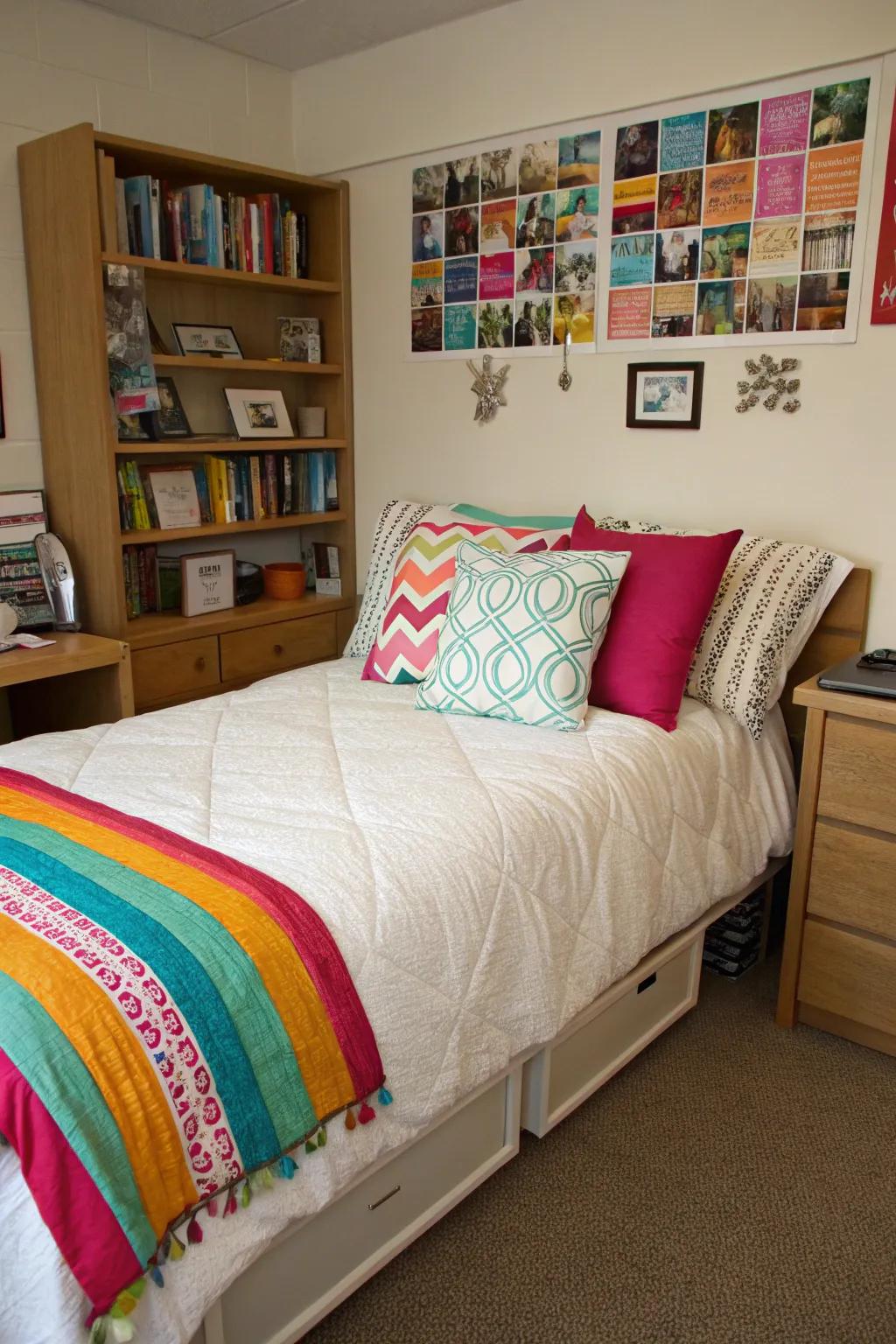 Cushions bring color and comfort to any college room.