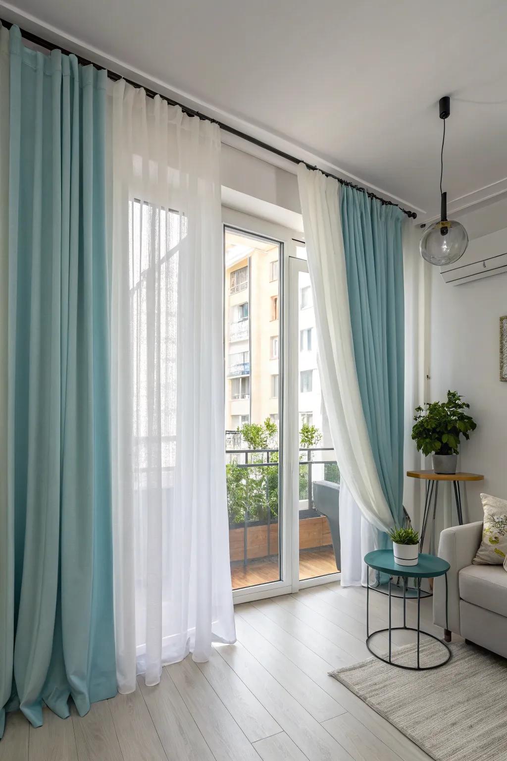 A double rod setup offers both flexibility and style in this elegant apartment.