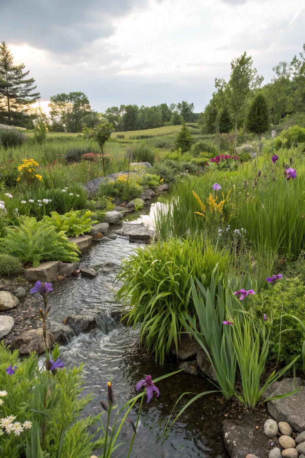 A rain garden enriching a swale with beauty and ecological diversity.