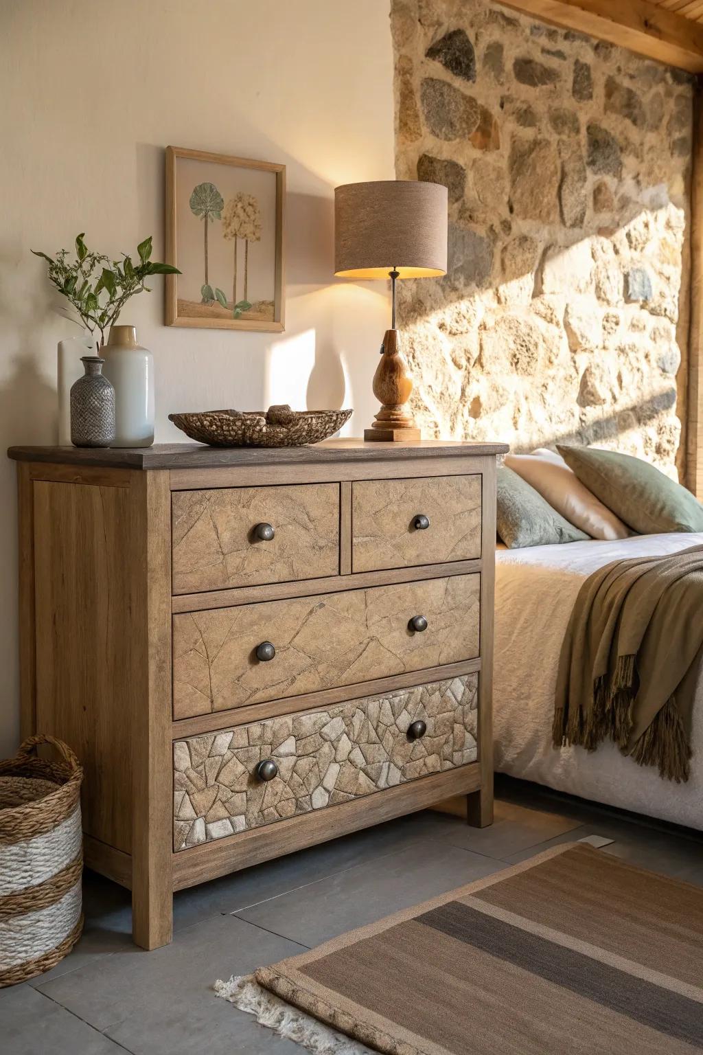 Natural textures add warmth and a grounding effect to the dresser.