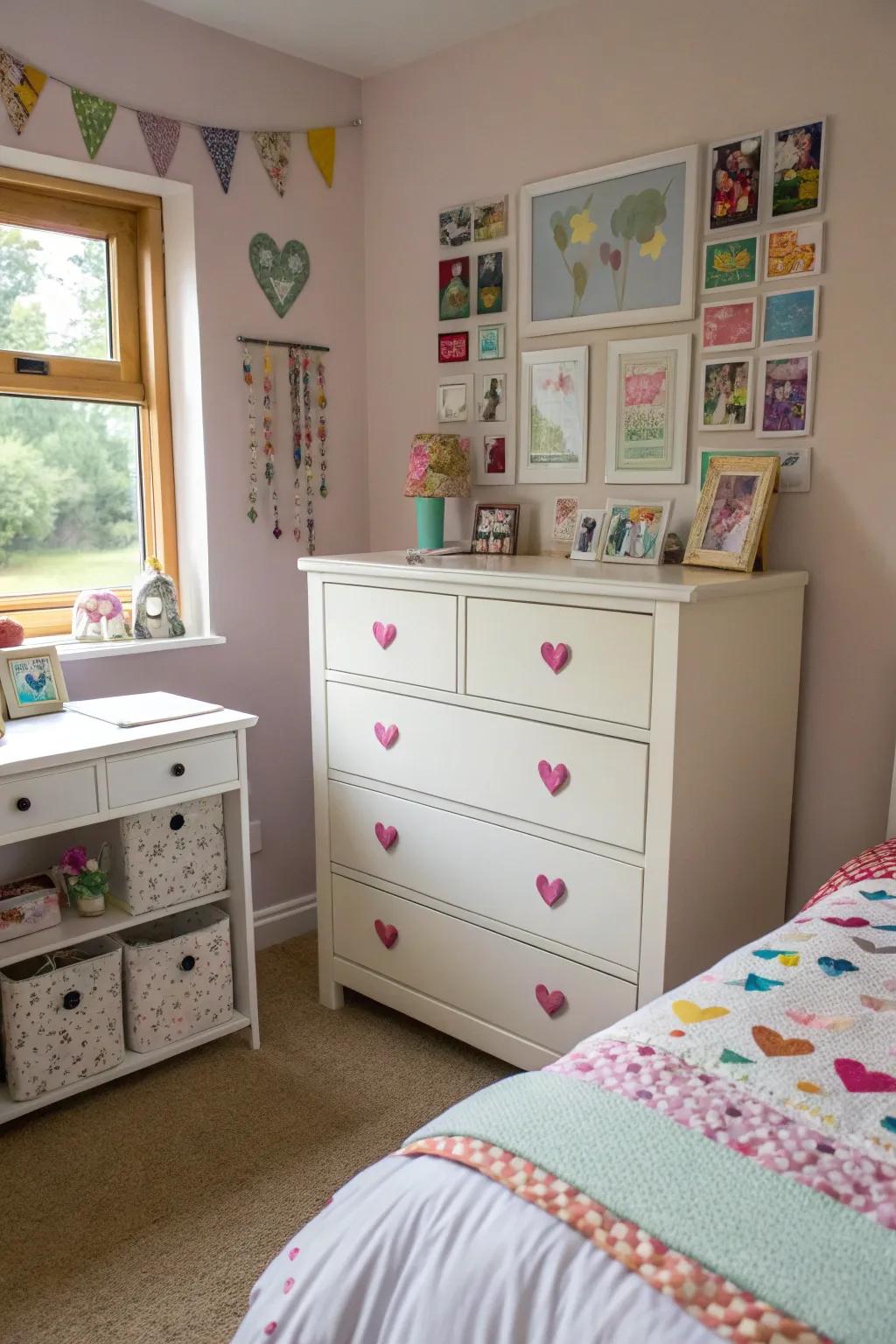 A DIY-updated dresser highlighting unique style in a compact bedroom.