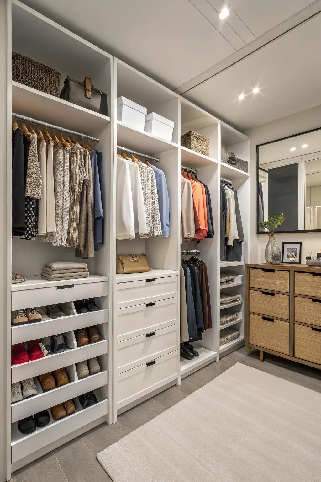 Clever storage solutions keep your dressing room organized and clutter-free.