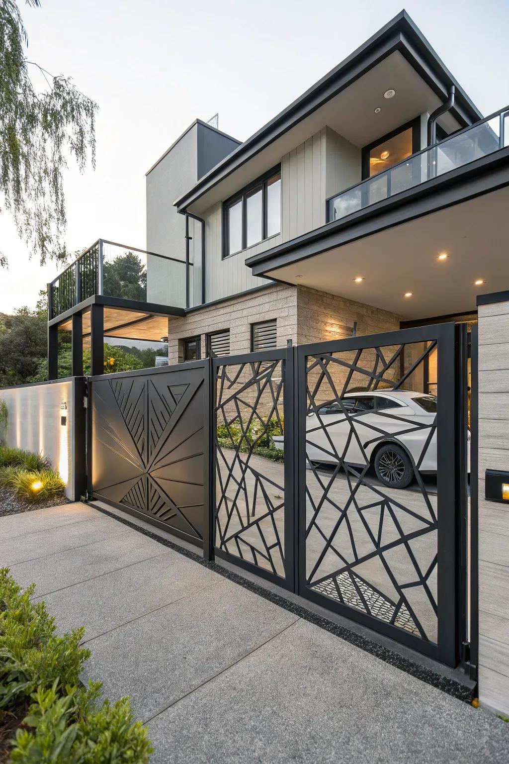 A geometric gate that introduces creative flair to a modern home.