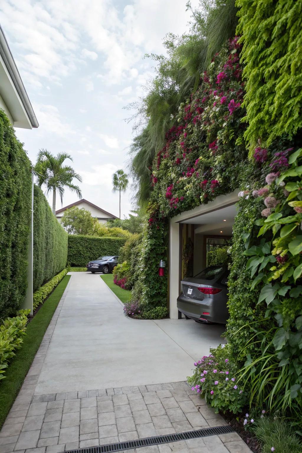 Space-conserving upright garden walls lining the driveway.