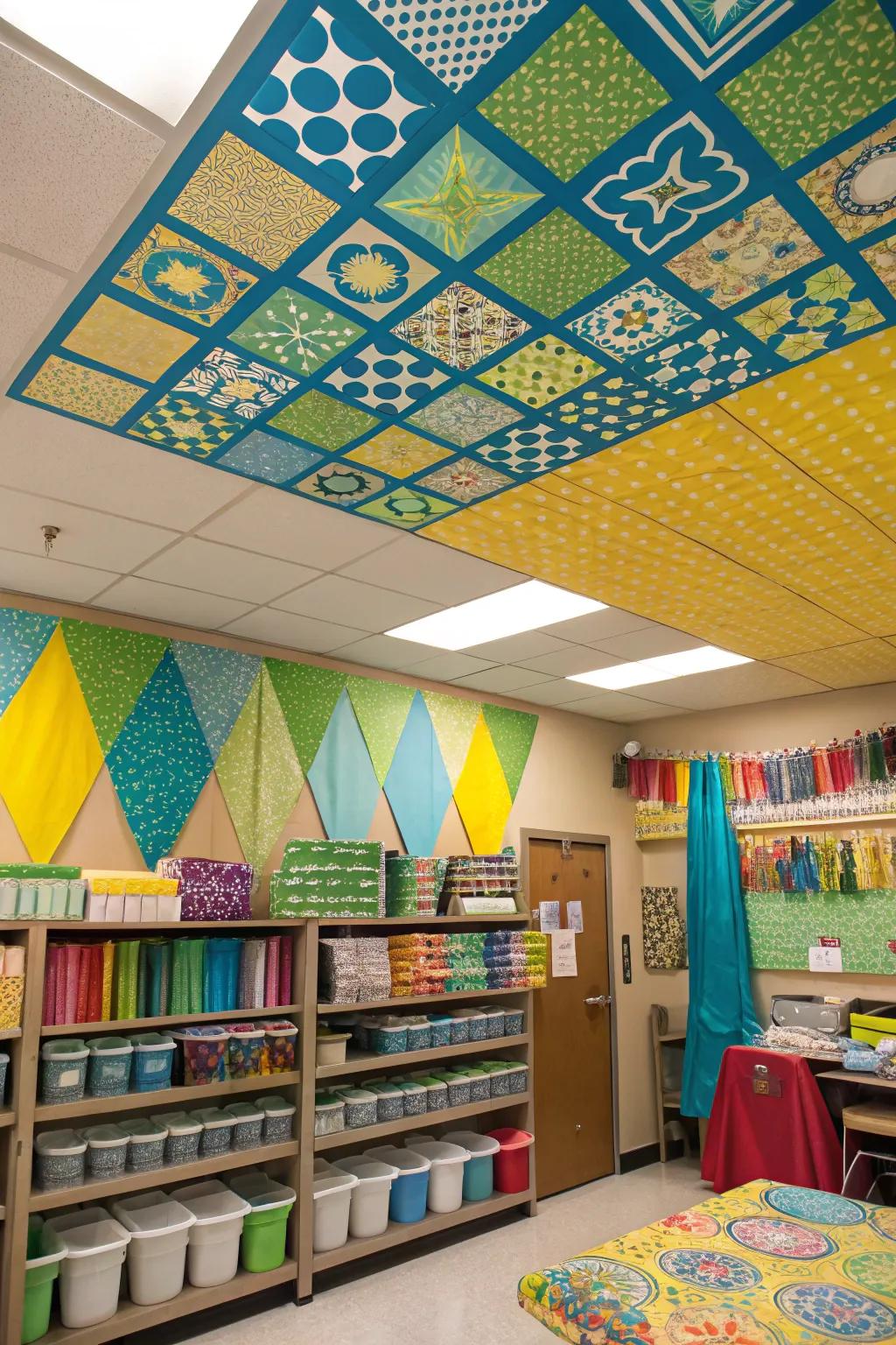 Infuse fun and creativity with patterned ceiling squares.