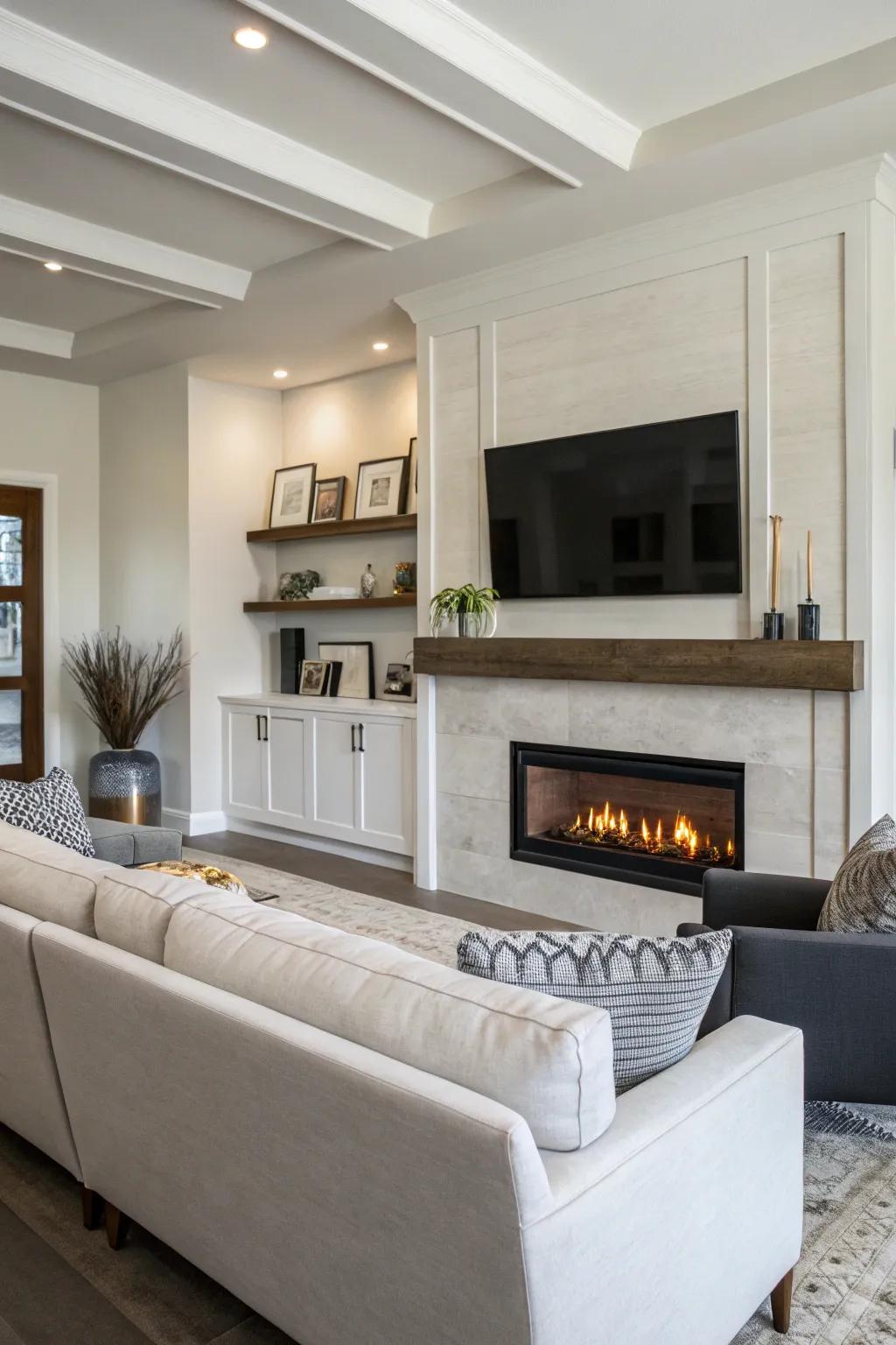 A drywall fireplace with integrated display for a modern entertainment area.