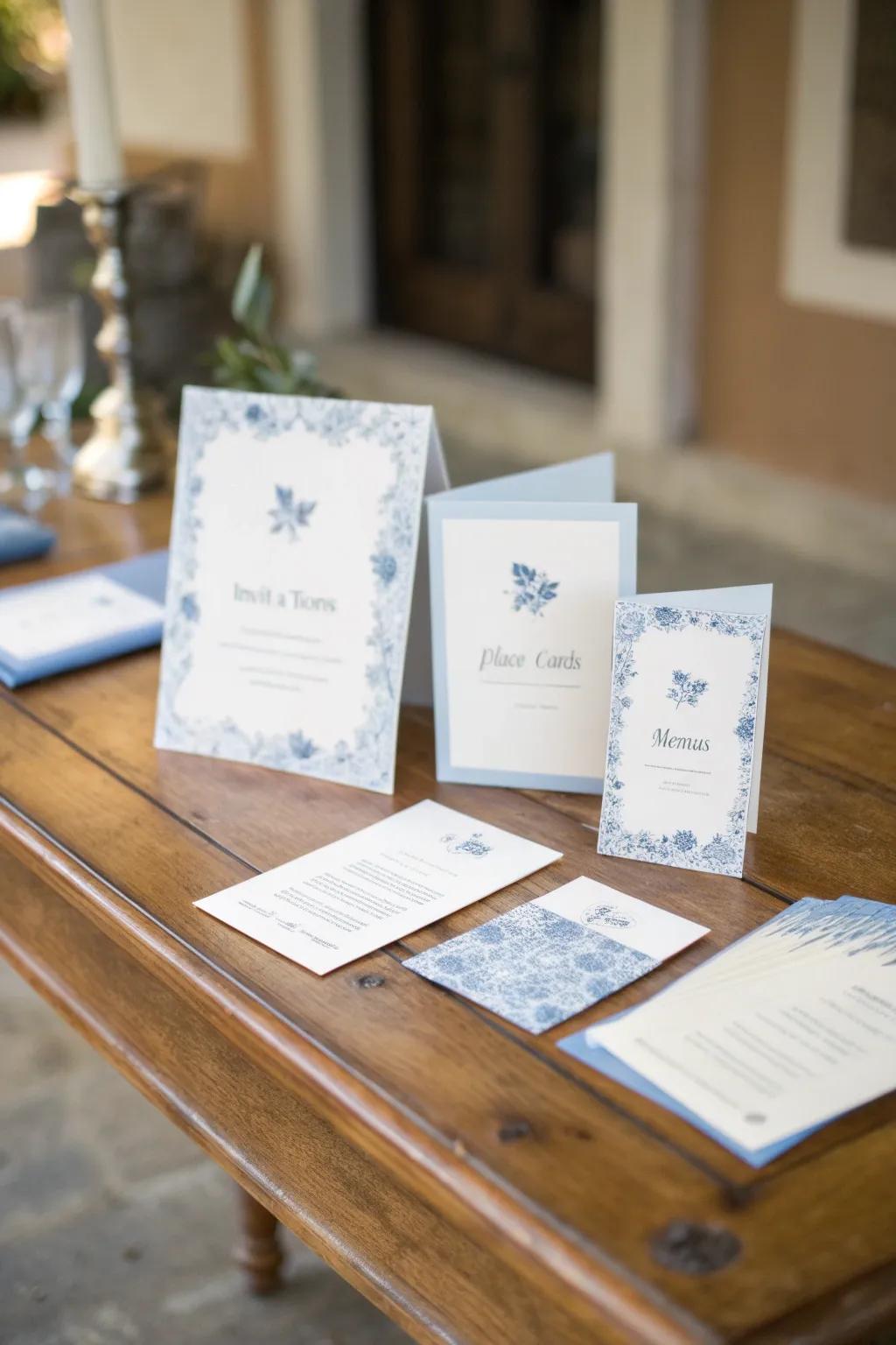 Beautiful stationery with dusty blue accents that enhance the wedding's cohesive theme.