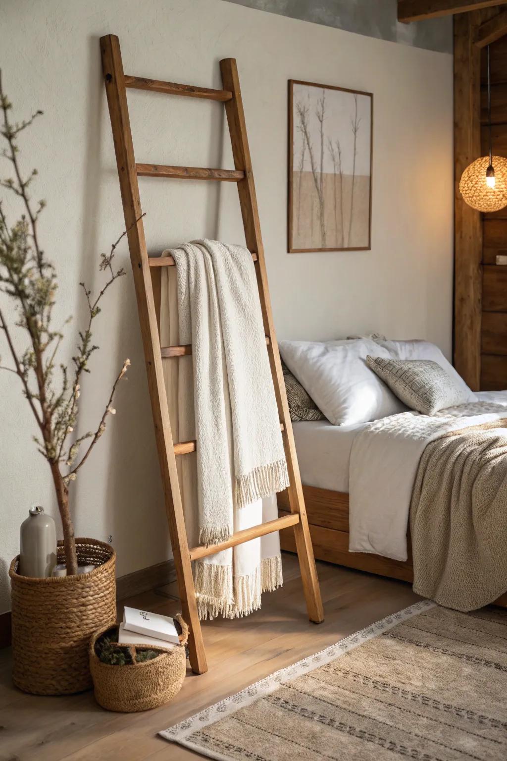 A ladder rack provides both style and function for comforter storage.