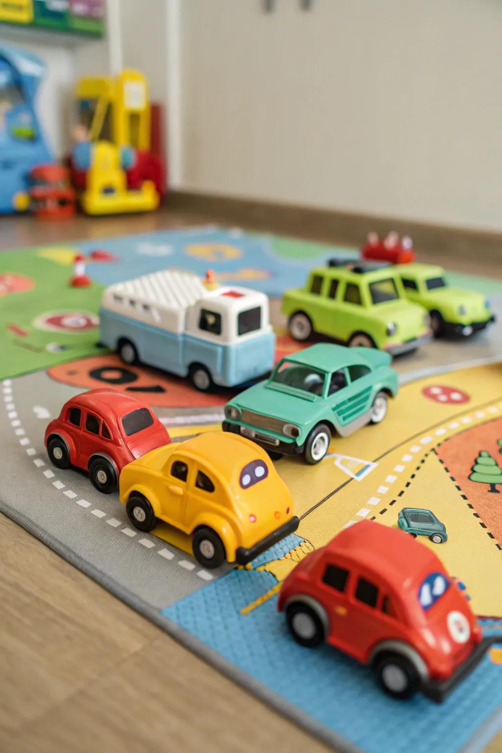 Small toy cars ready to race into Easter fun.
