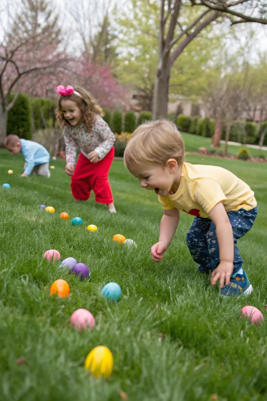 Outdoor amusement with an Easter orb roll rivalry.