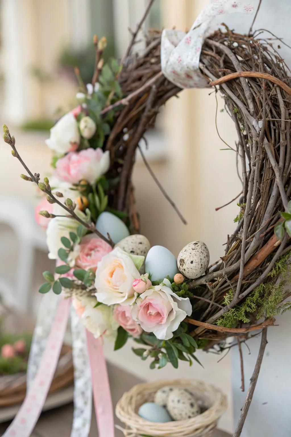 A country band crafted from branches and soft flowers serves as a stunning Easter setting focal point.