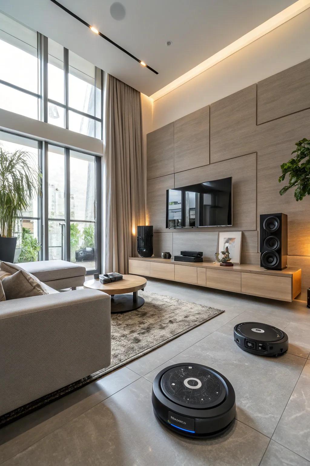 A contemporary living room featuring clever home tech for improved energy efficiency.
