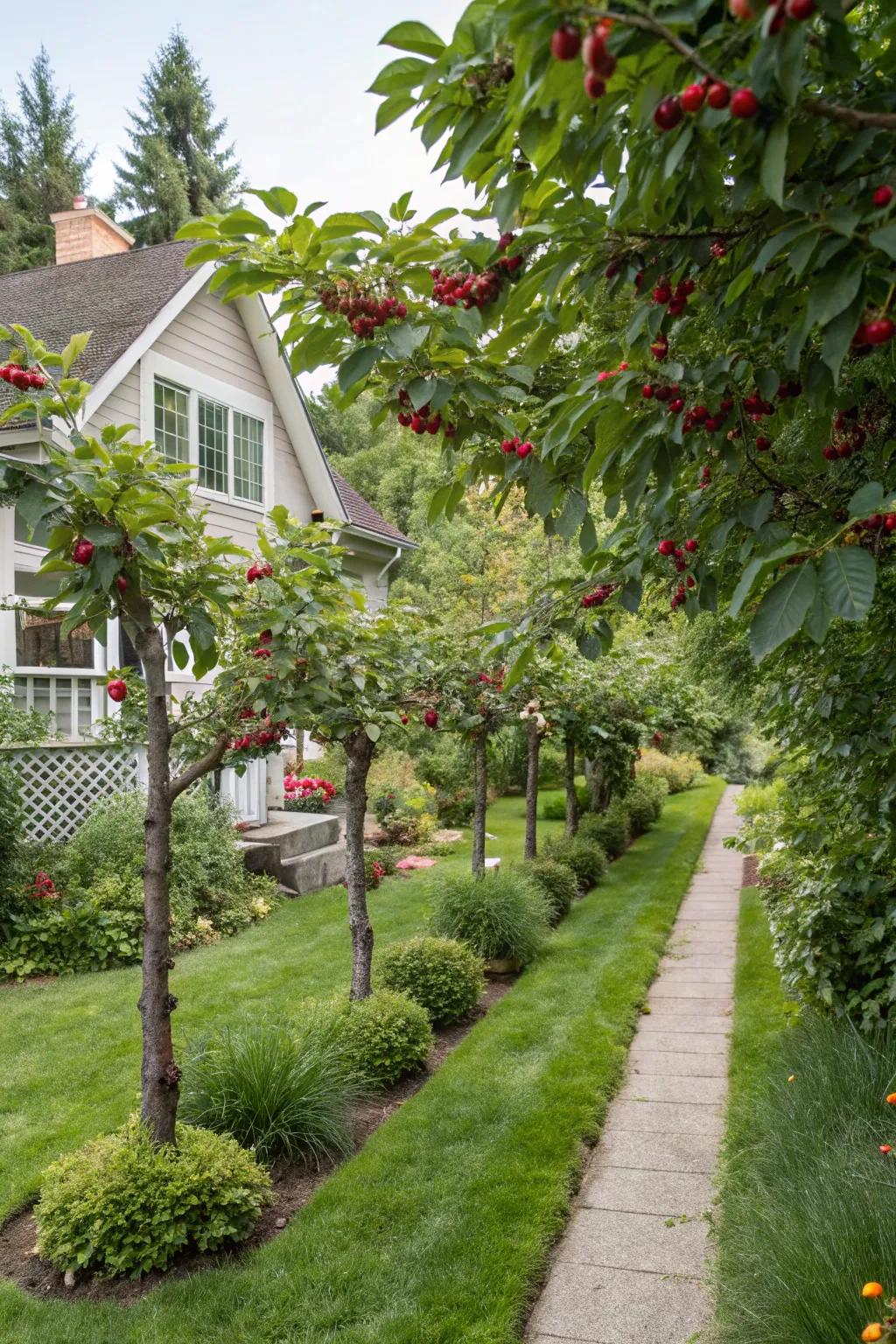 Natural privacy screens offer seclusion and seasonal fruit.