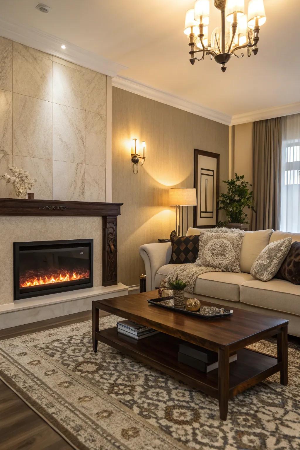 Companion furnishings enhance the electric fire feature setup.