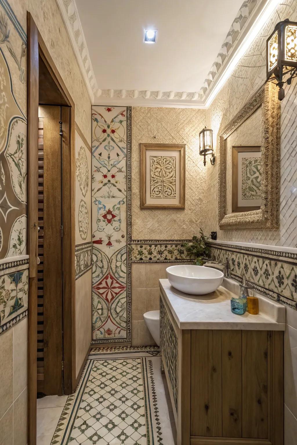 Textured walls impart dimension to this chic bathroom's design.