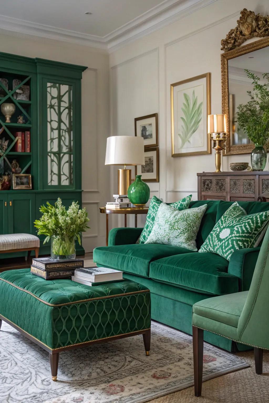 An eclectic blend of classic and modern styles in green decor.