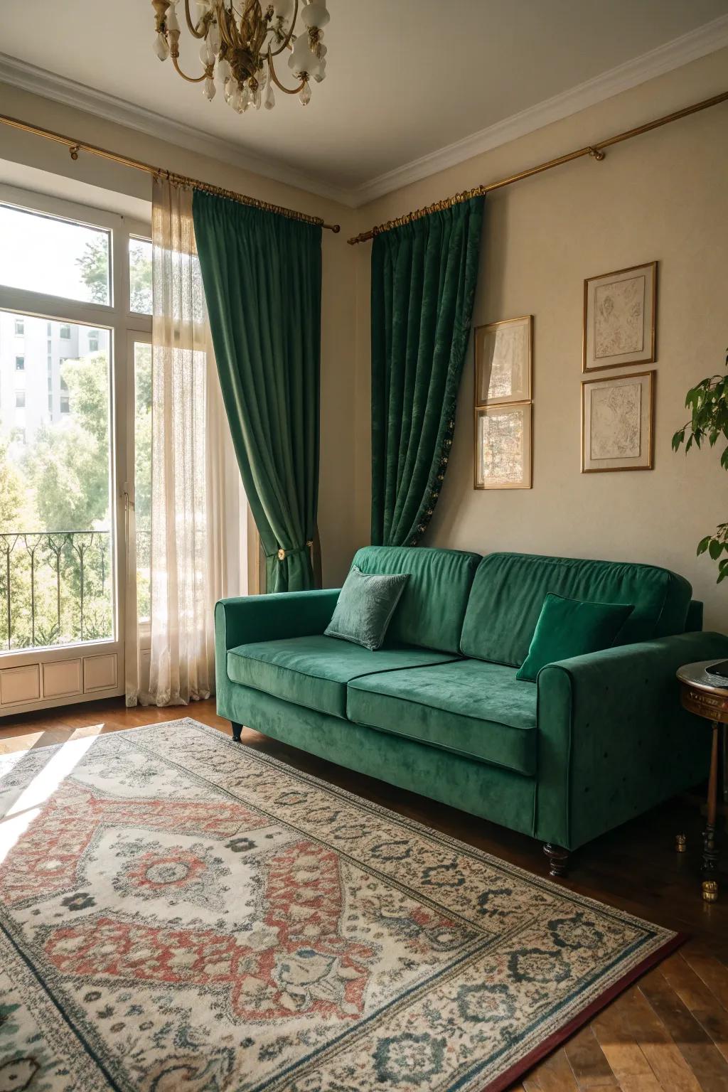 Patterns add depth to a living room featuring a verdant couch.