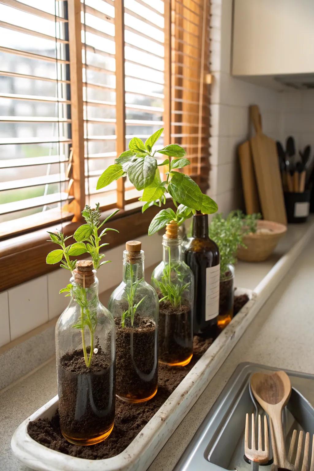 Bring greenery inside using bottle planters.