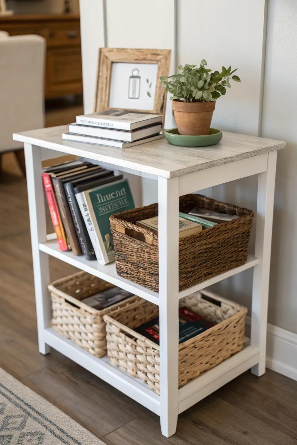 Shelves under a side table offer extra storage and style.