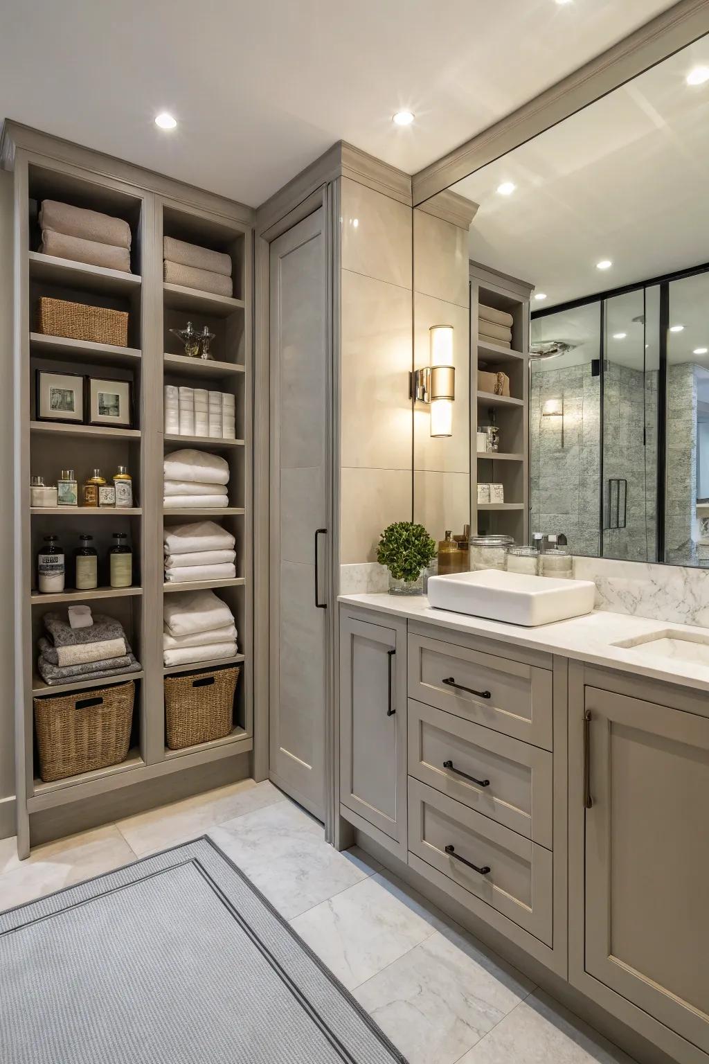 Creative storage solutions maintain a clean and efficient ensuite.
