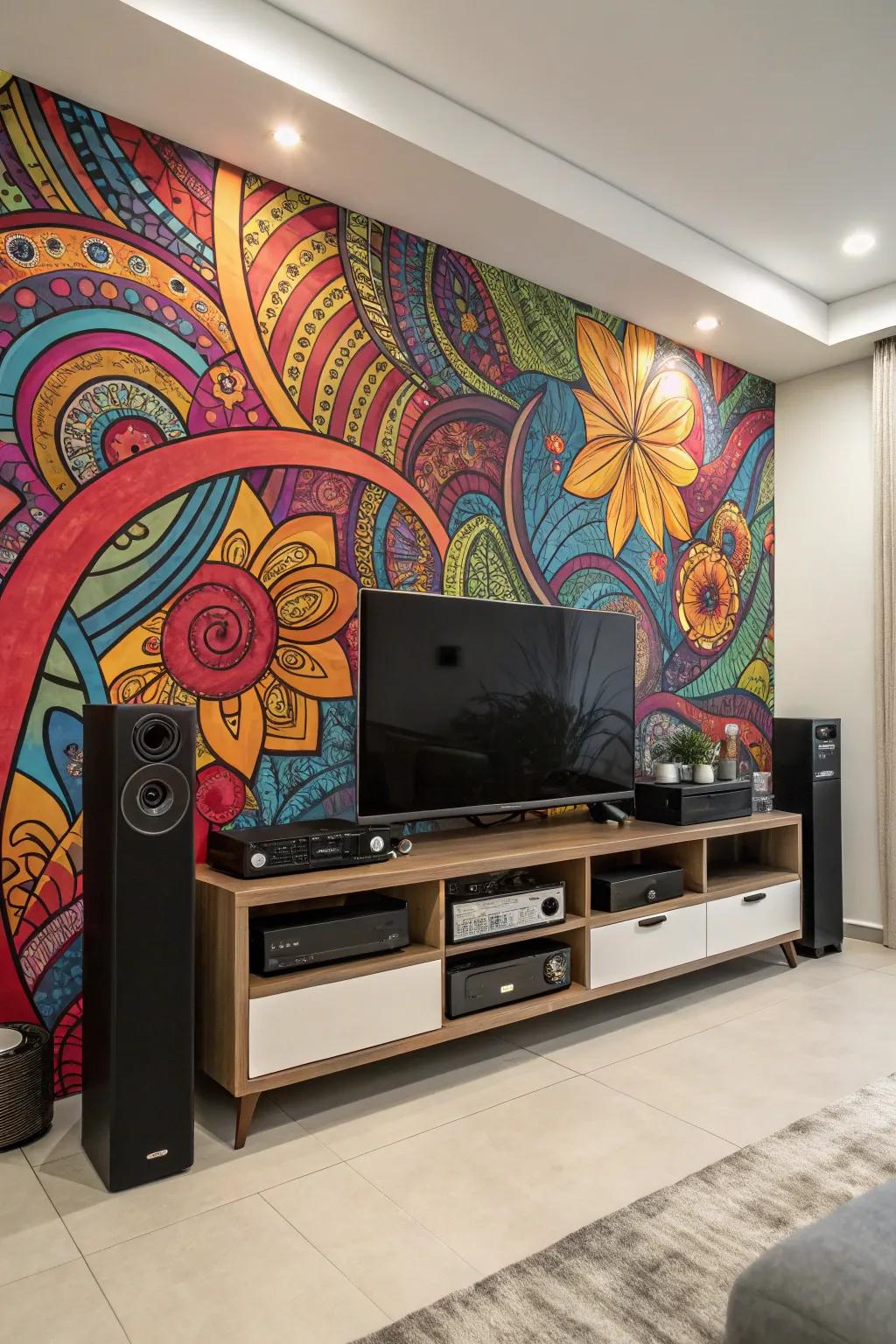 A grand art installation serves as a dramatic backdrop for this media hub.