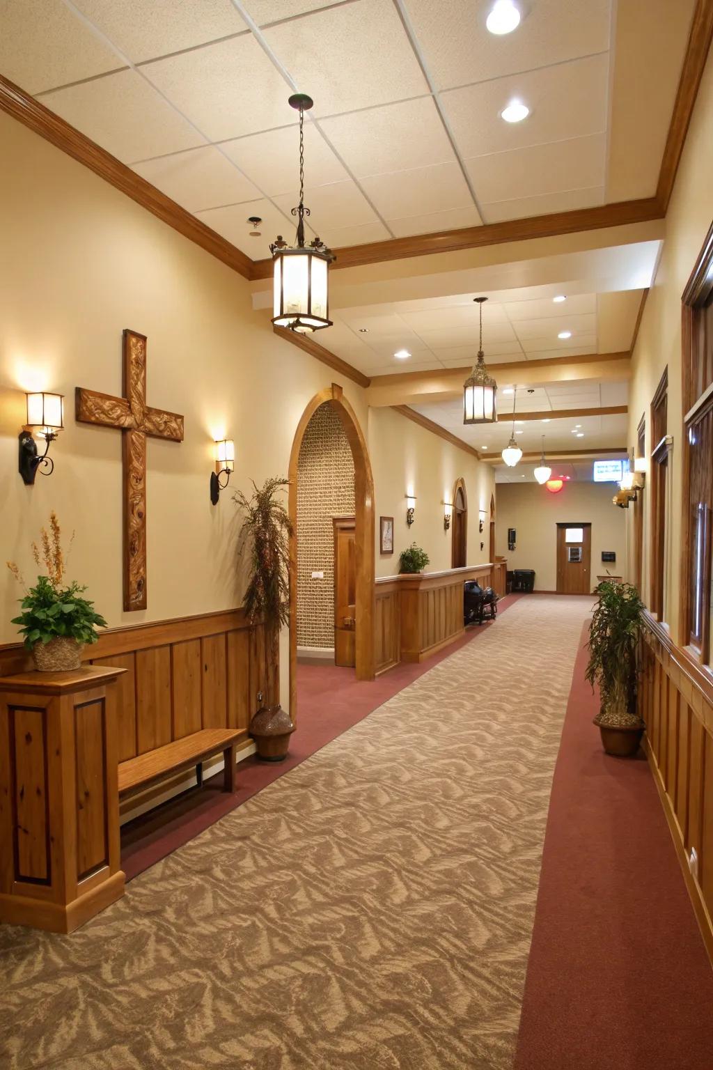 A neutral color theme makes a peaceful setting in the church lobby.