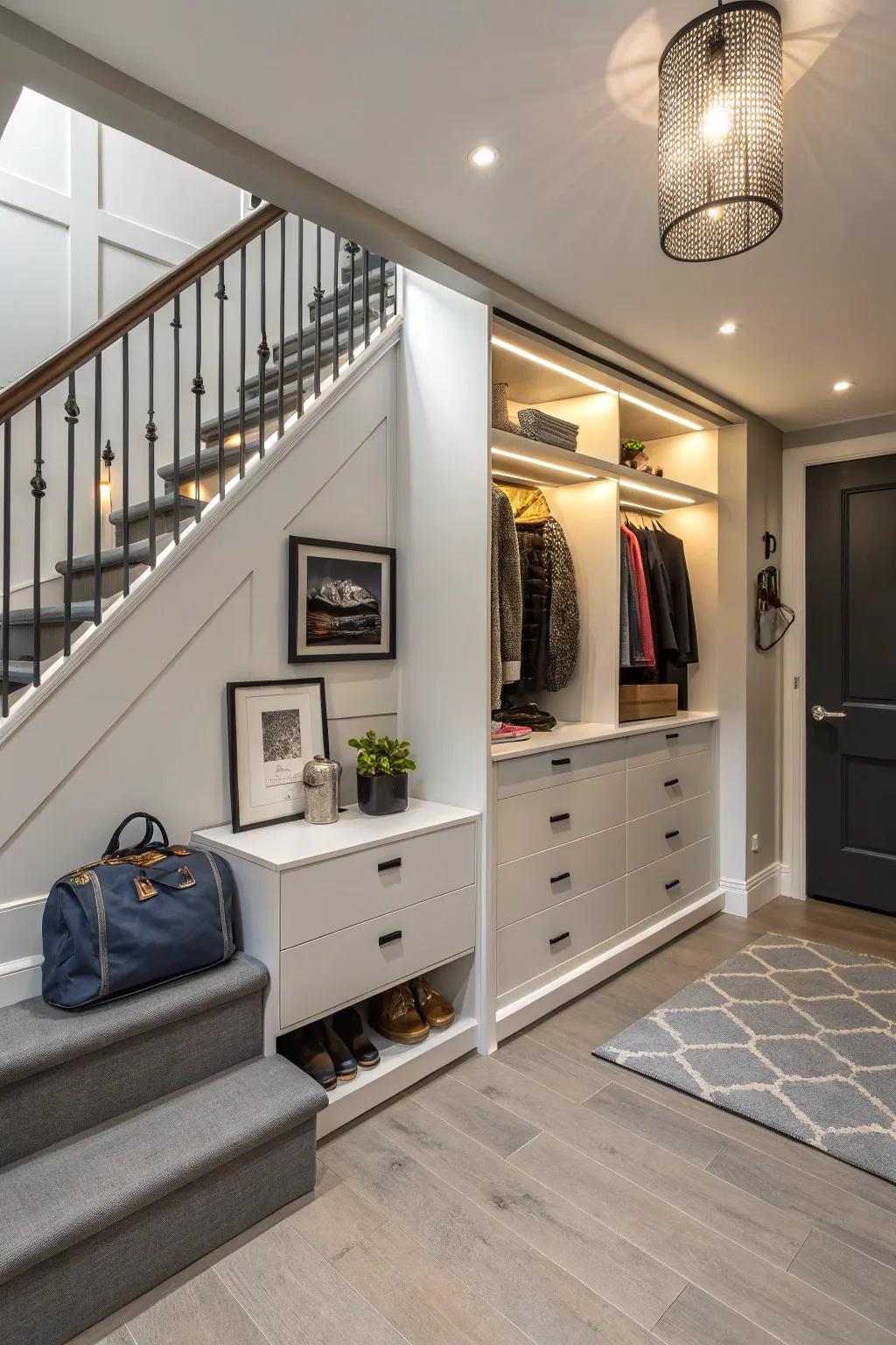 Under-stair closets cleverly utilize otherwise wasted space.