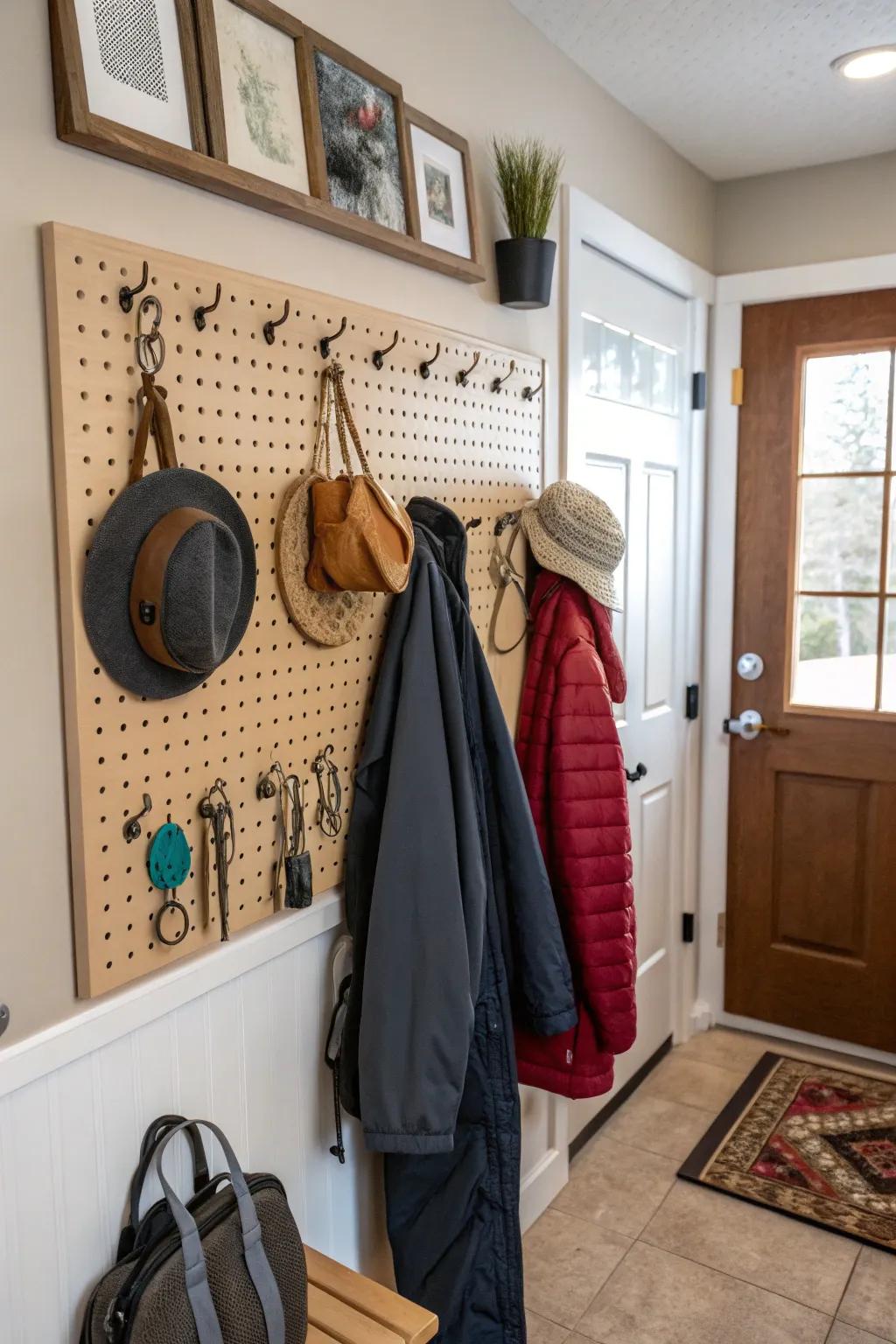 A perforated board provides flexible storage solutions in this mudroom.
