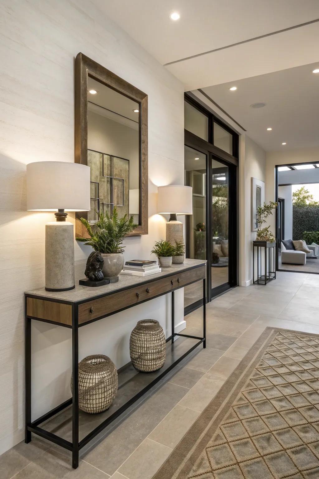 A foyer with a slim console table, combining functionality and style.