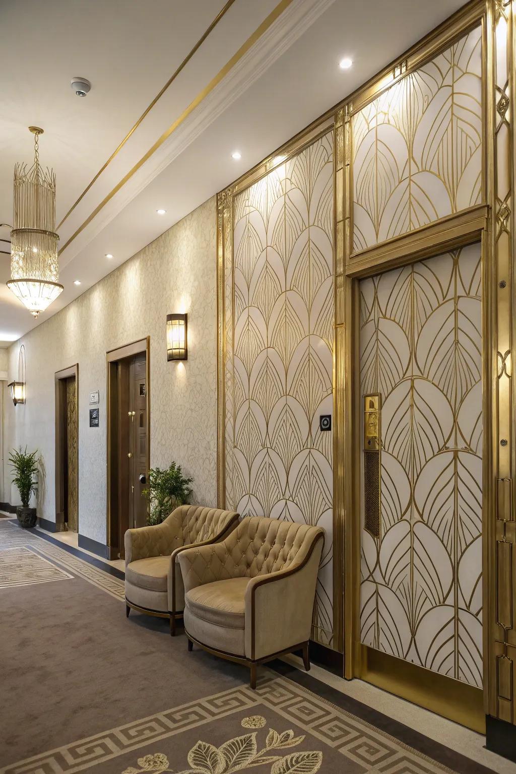 Glamorous entryway featuring Art Deco wallpaper for a dramatic flair.