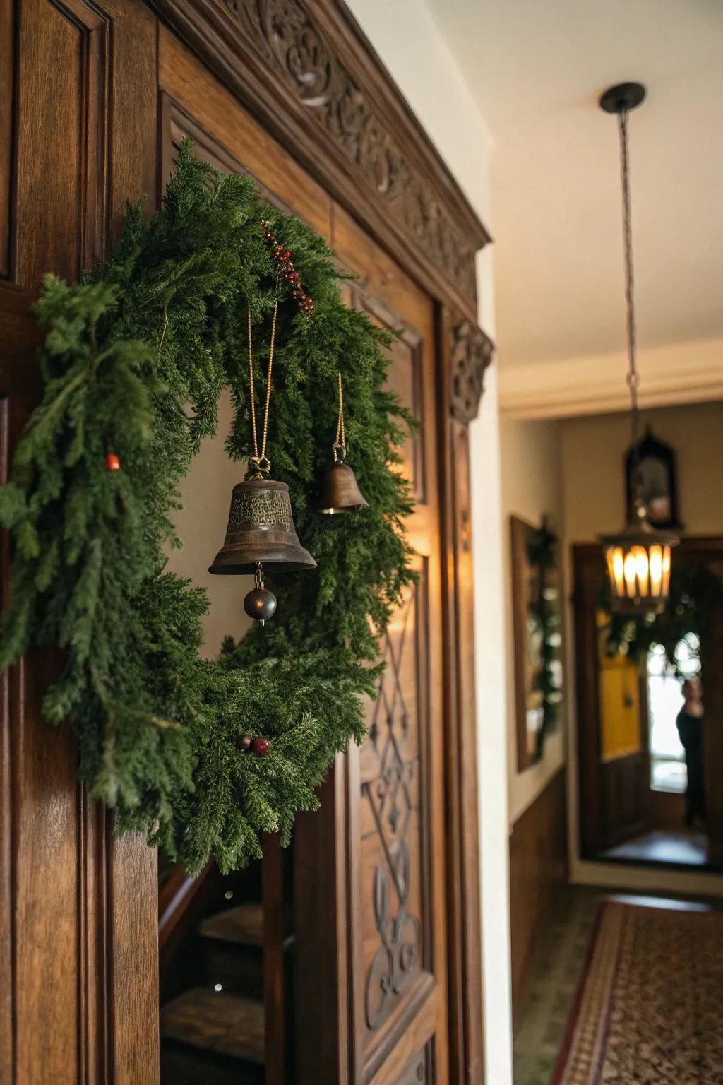 A nostalgic swag featuring vintage chimes on a door.