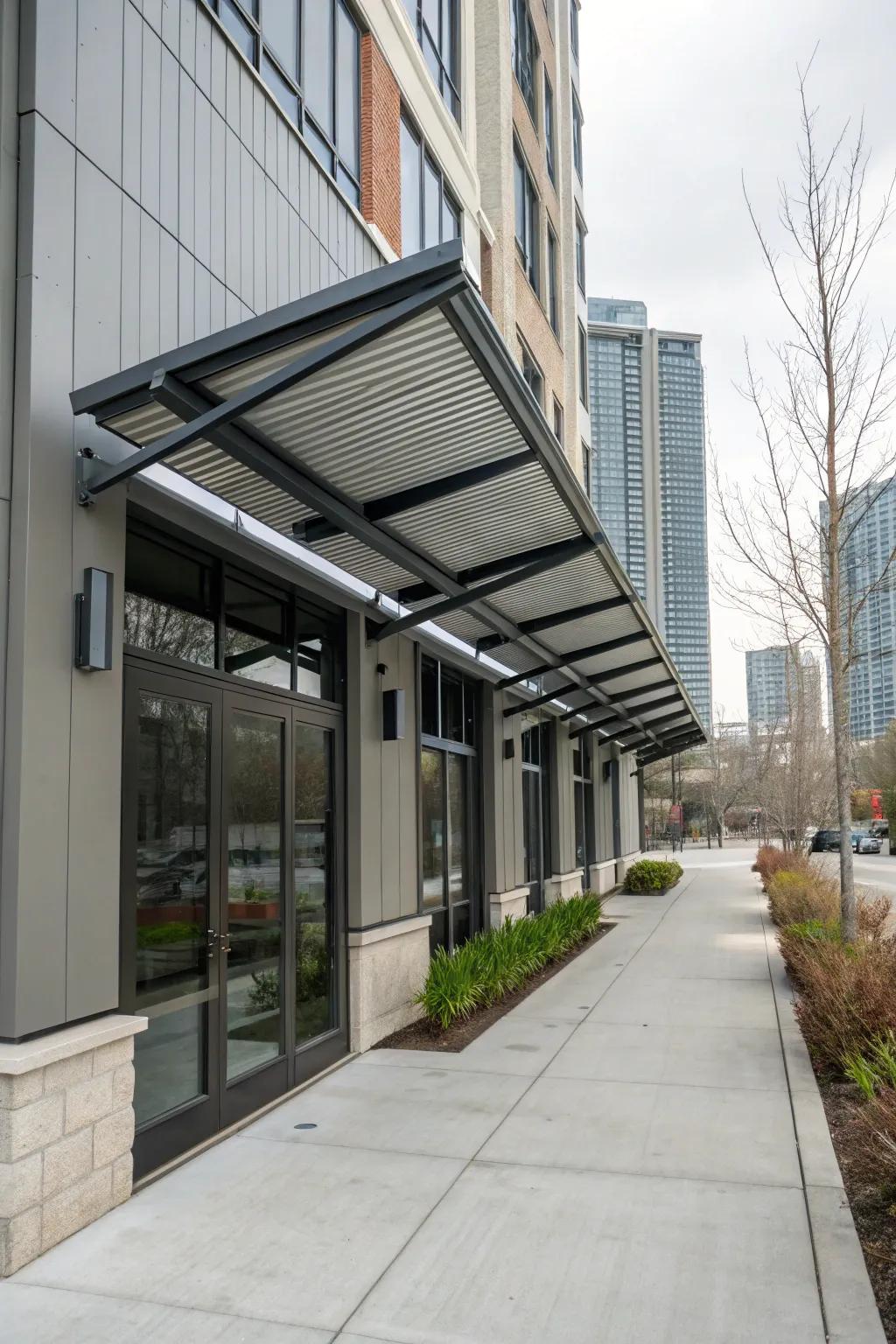 Industrial-style shades bring urban chic to residential exteriors.