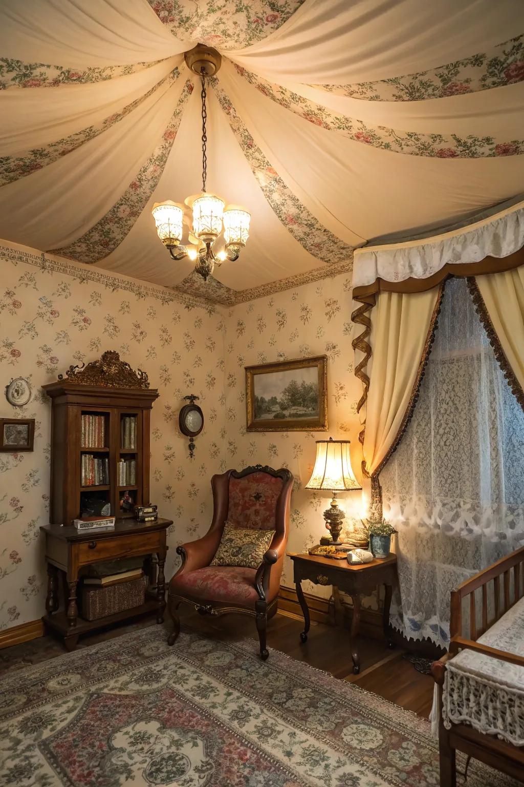 Add vintage charm with nostalgic fabric ceilings.