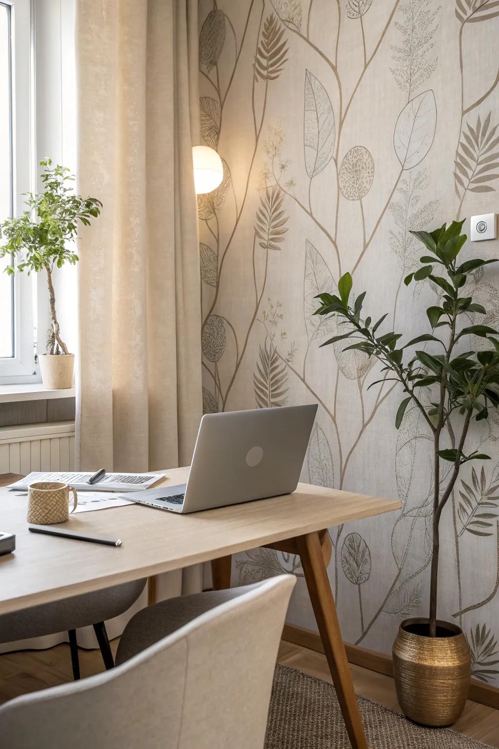 Muted shades in fabric wallpaper can result in a serene and elegant office.