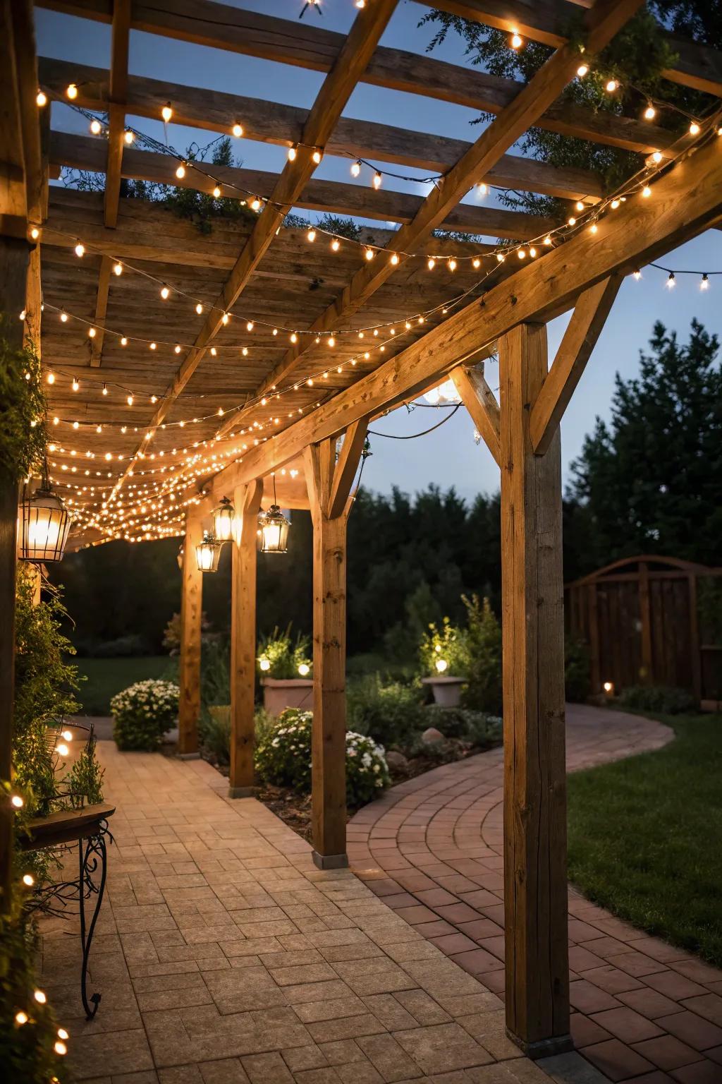 Pergola adorned with ornamental lights offers an inviting retreat.
