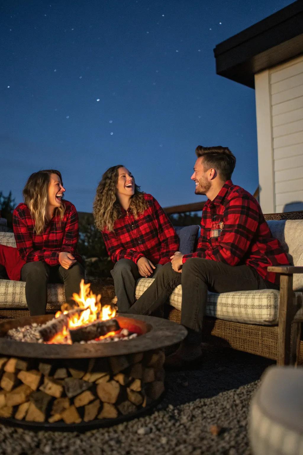 A cozy material-themed gathering surrounding a fire pit.