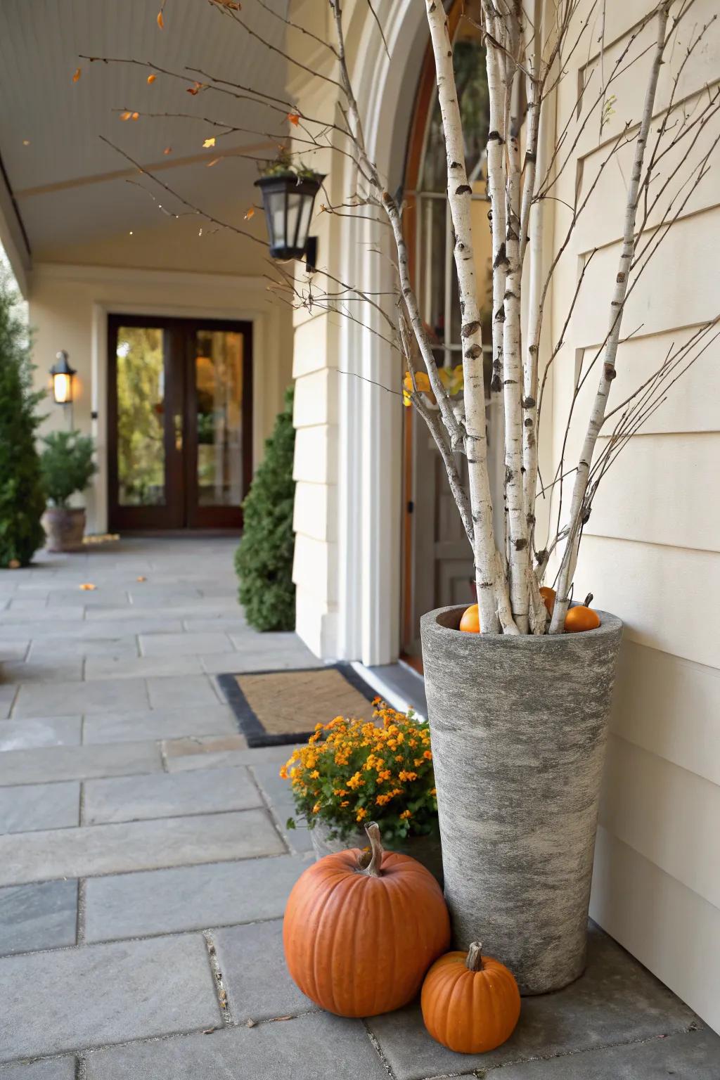 Birch limbs introduce elegance and stature to gourd containers.