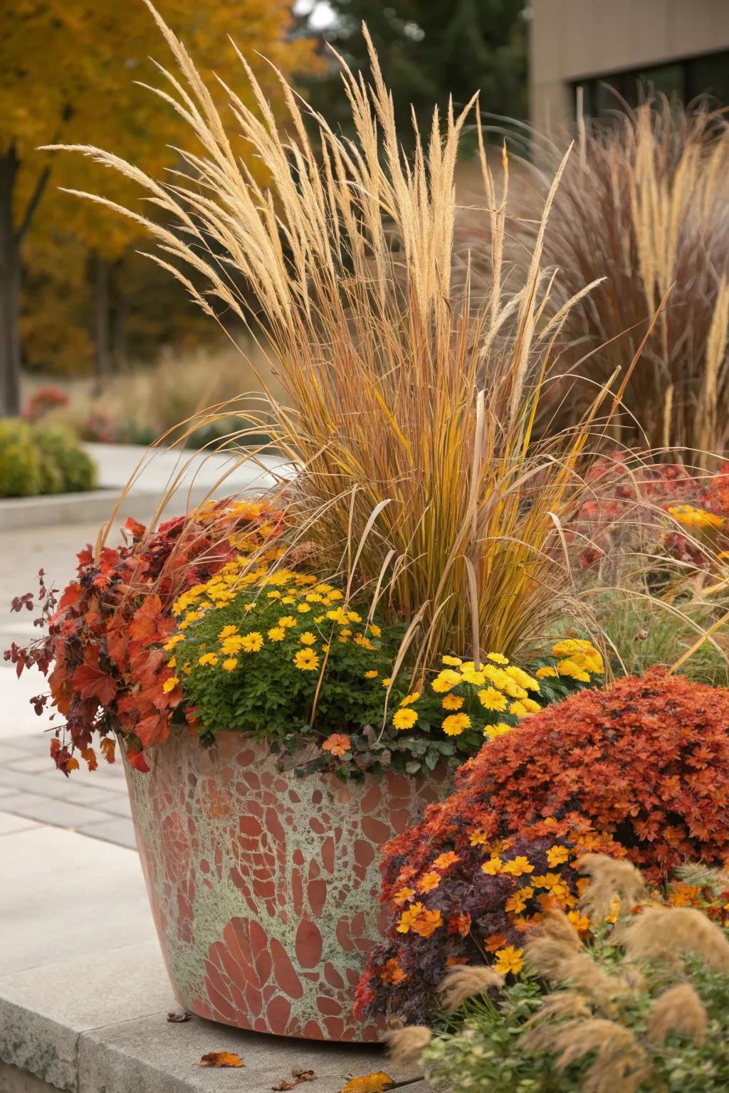 Arranged heights create a balanced fall container.