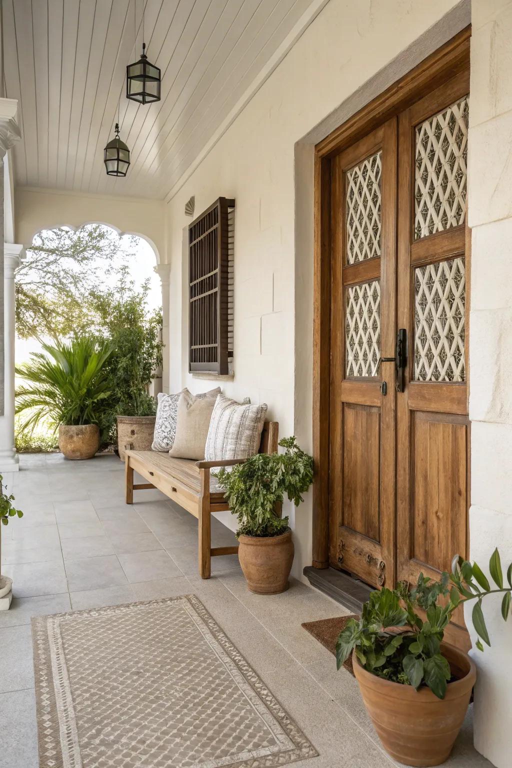 Earthy tones balance vibrant autumnal colors on your porch.