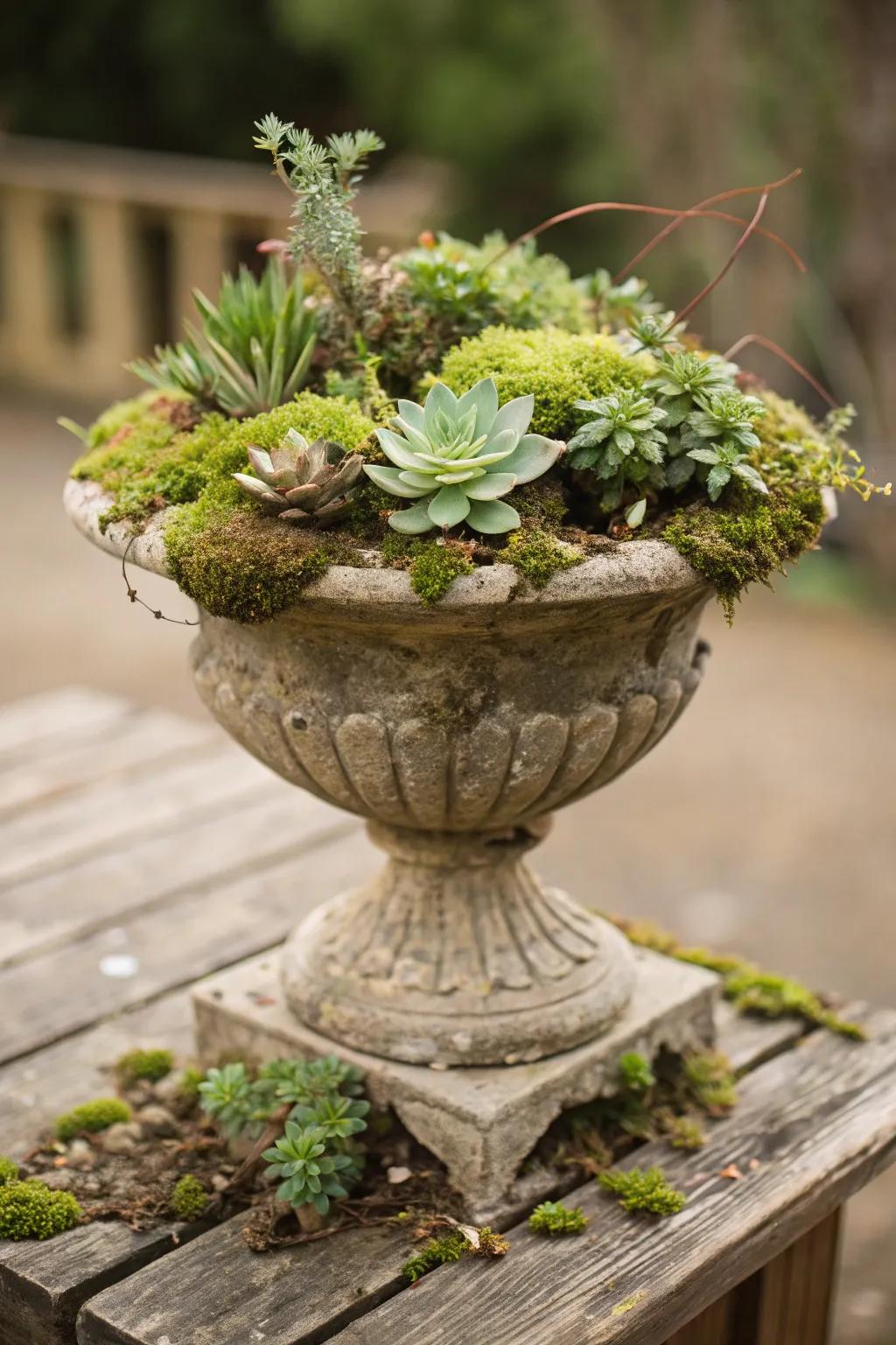 Unusual blend of fleshy plants and vegetation in an autumnal planter.