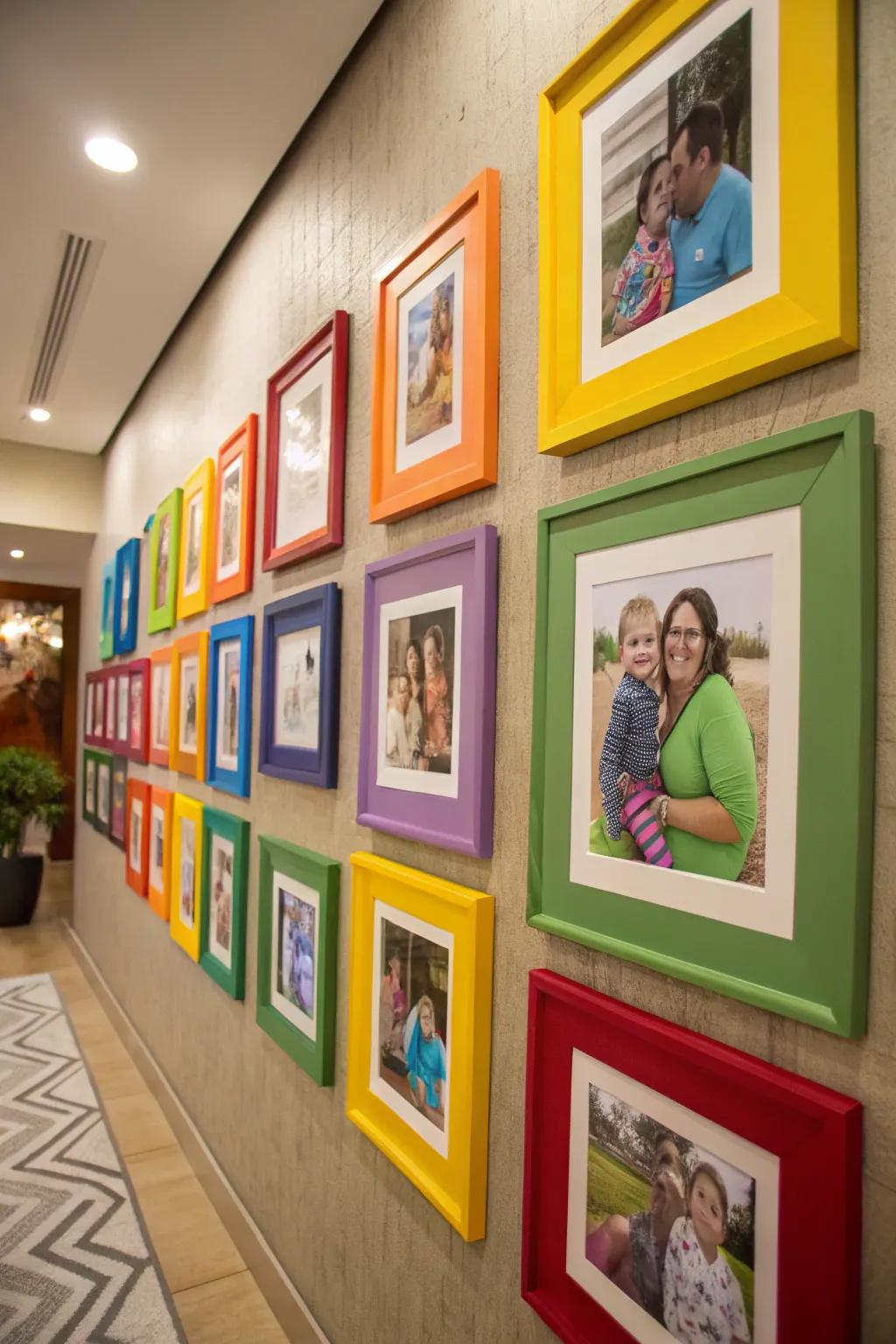 Bright mats framing family photos for a vibrant and captivating wall display.