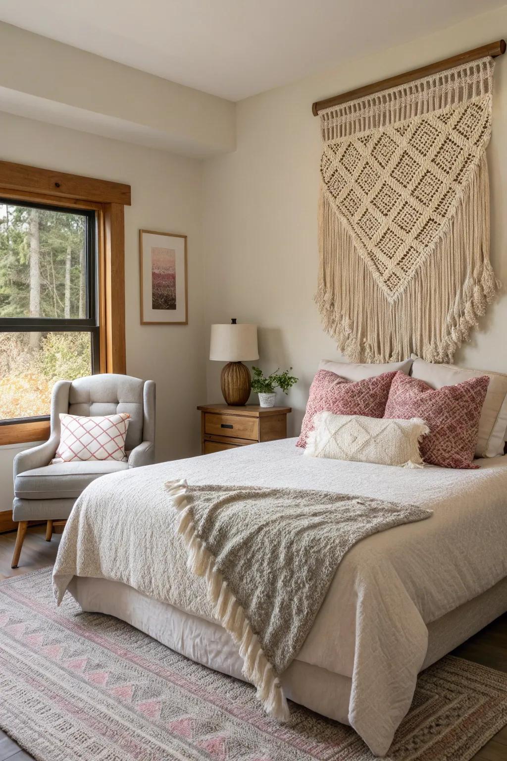 A woven fabric wall adds comfort and texture.