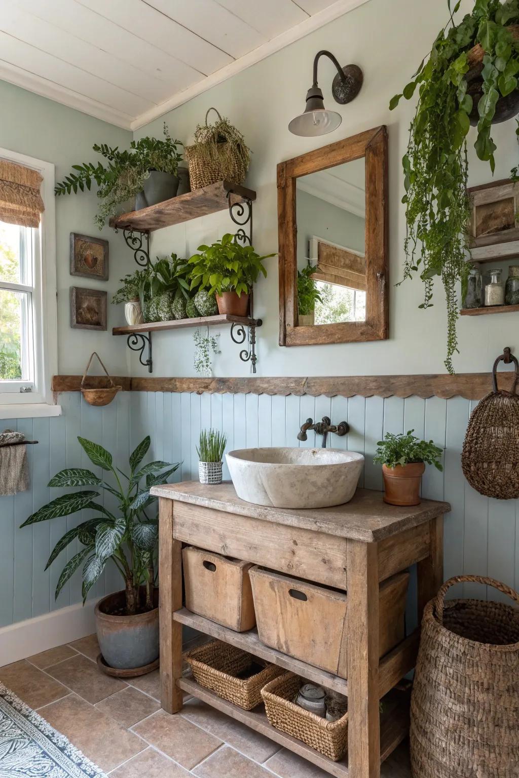 A country bathroom gains a calming, fresh touch from greenery.