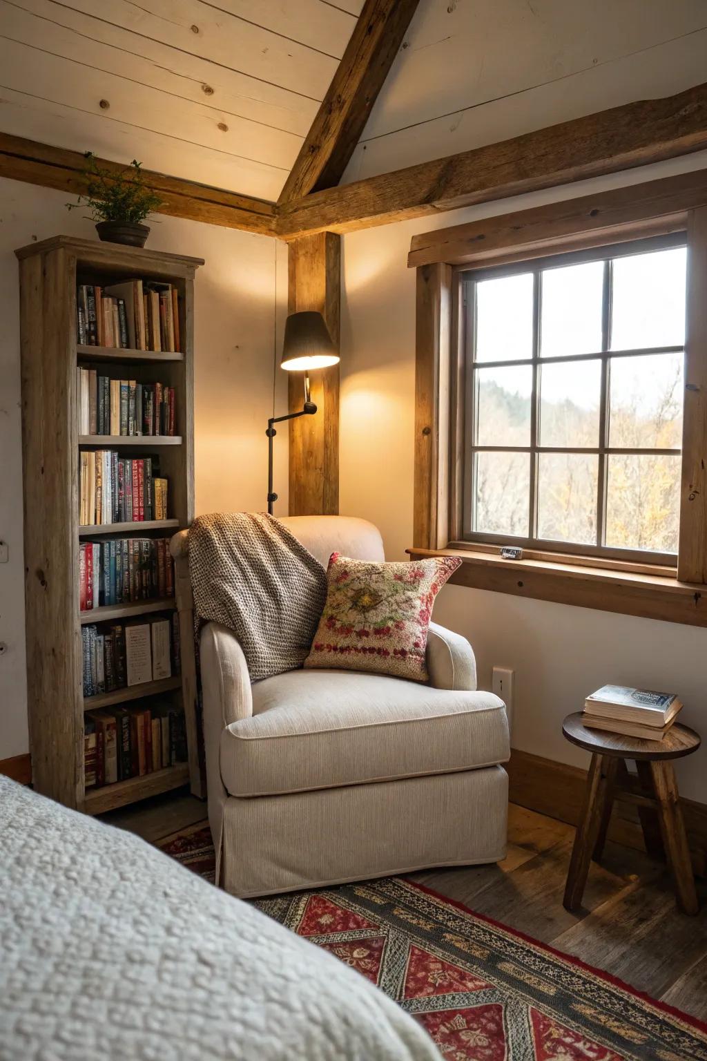 A cozy reading spot adds a personal touch to the bedroom.