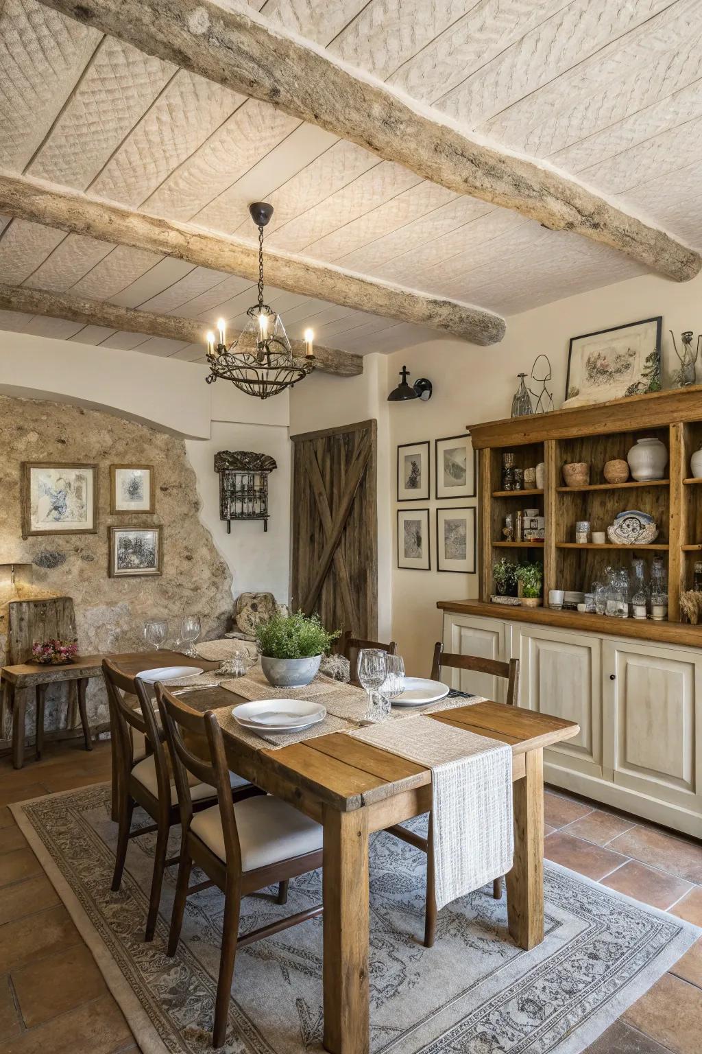 Structured ceilings add depth and interest to this farmhouse dining room.